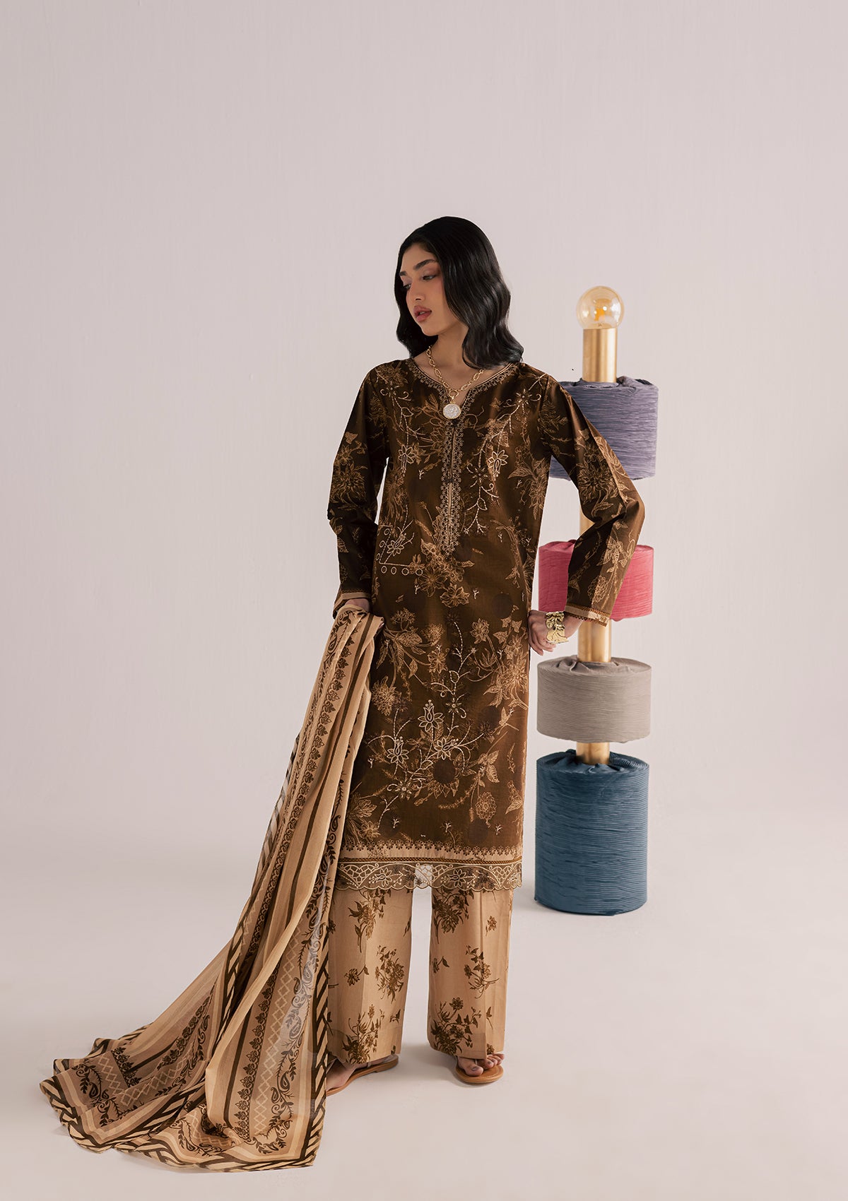 PRINTED EMBROIDERED LAWN BT006860-BRN