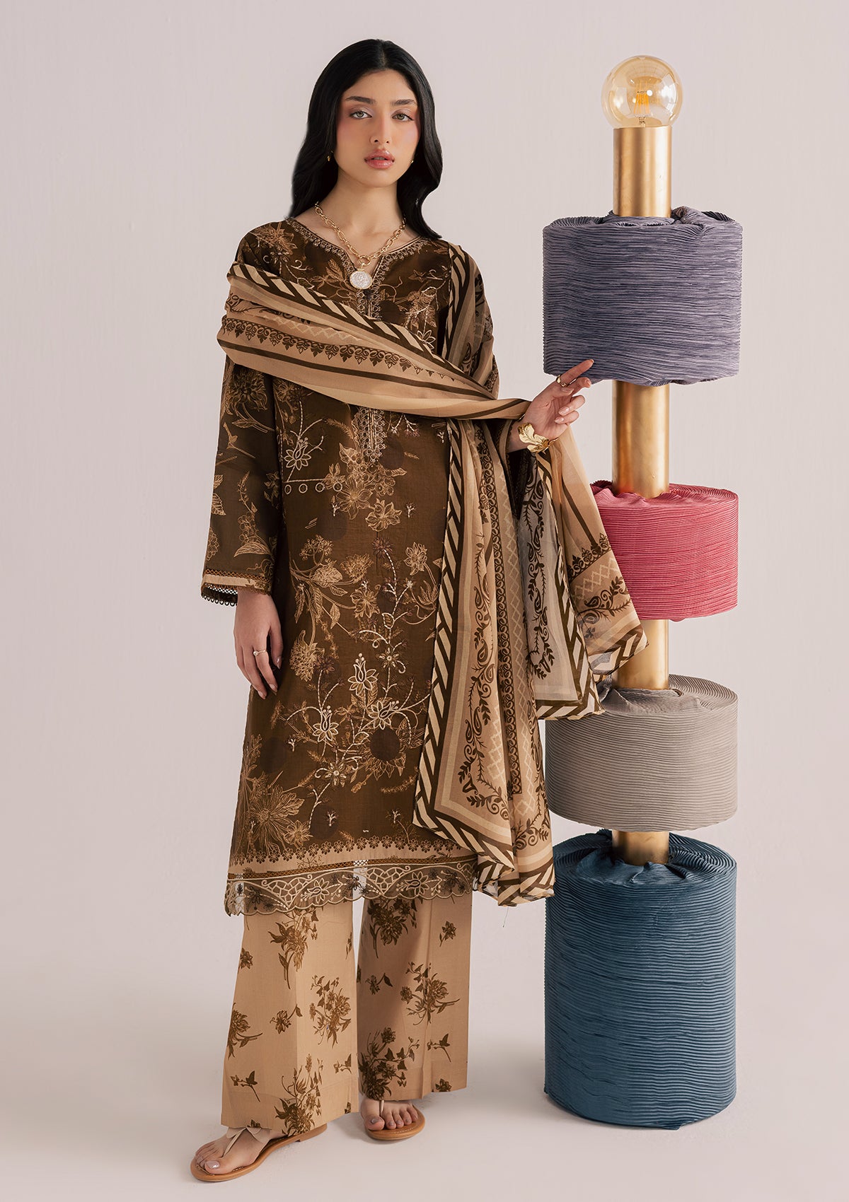 PRINTED EMBROIDERED LAWN BT006860-BRN