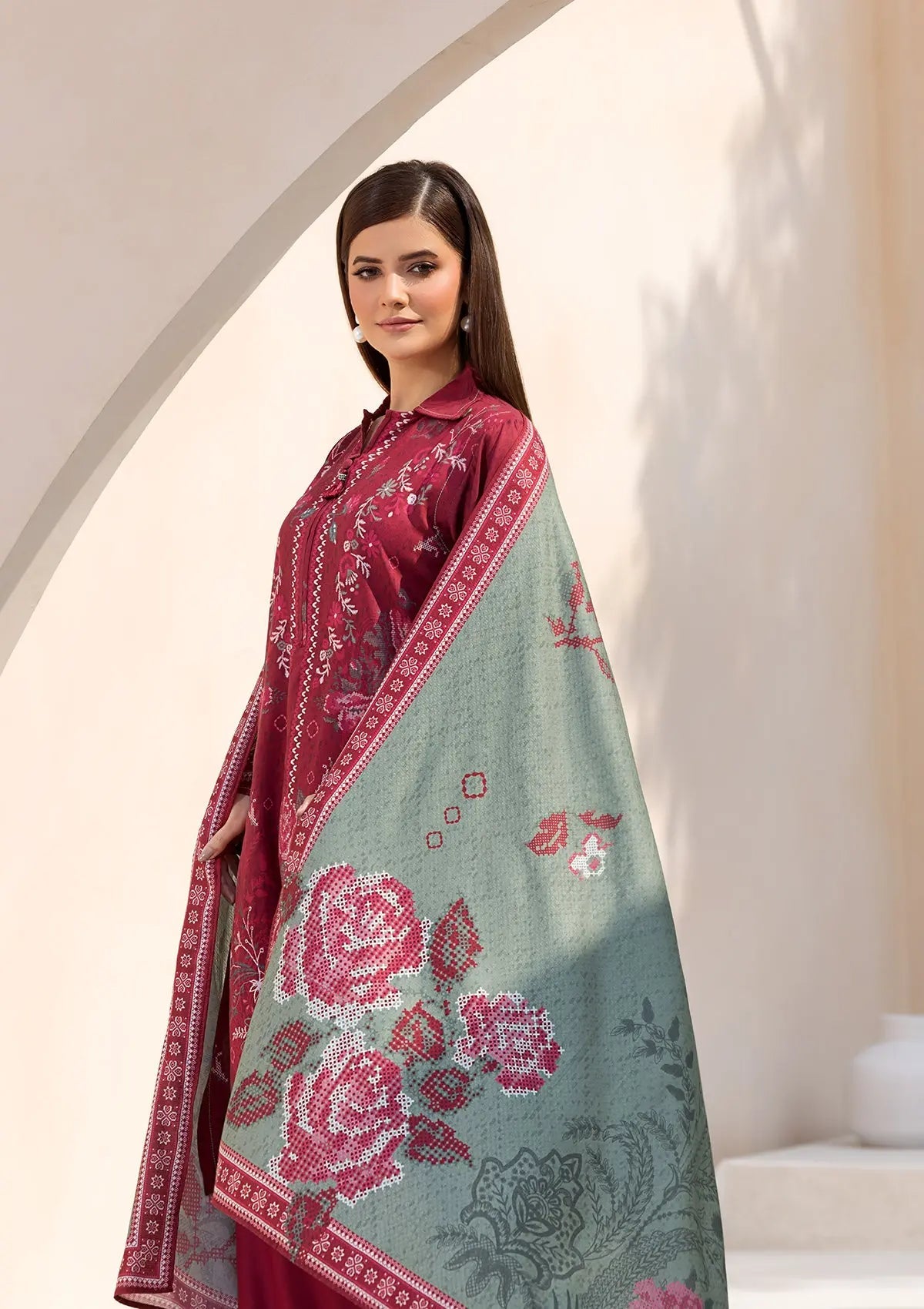 Printed Linen BT6545-MRN Bin Tayyab