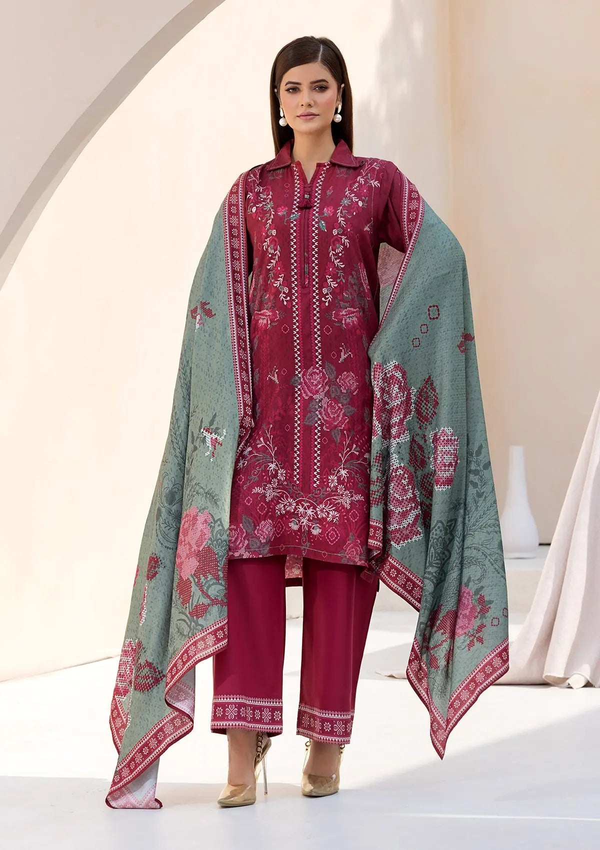 Printed Linen BT6545-MRN Bin Tayyab