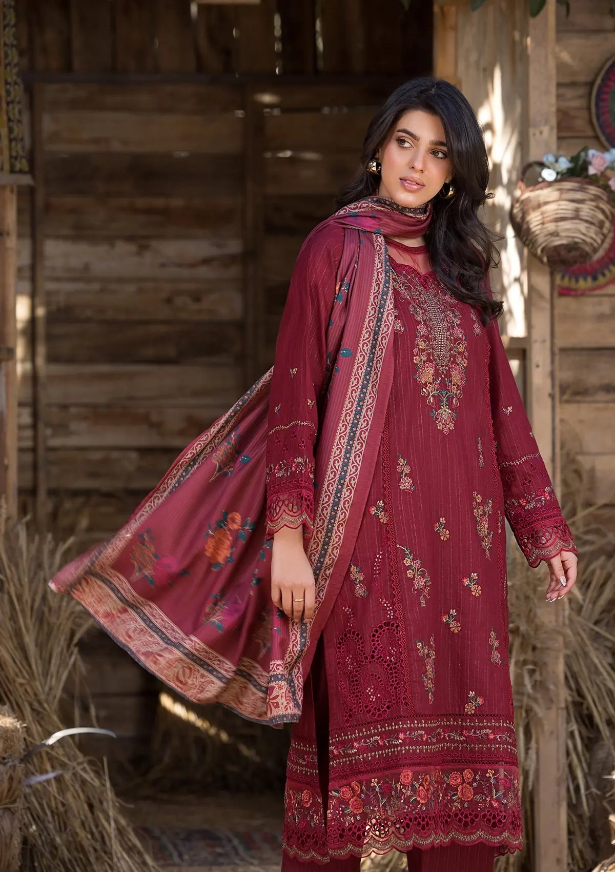 Khaddar (BT109) 3-Piece Stitch Suit Maroon Bin Tayyab