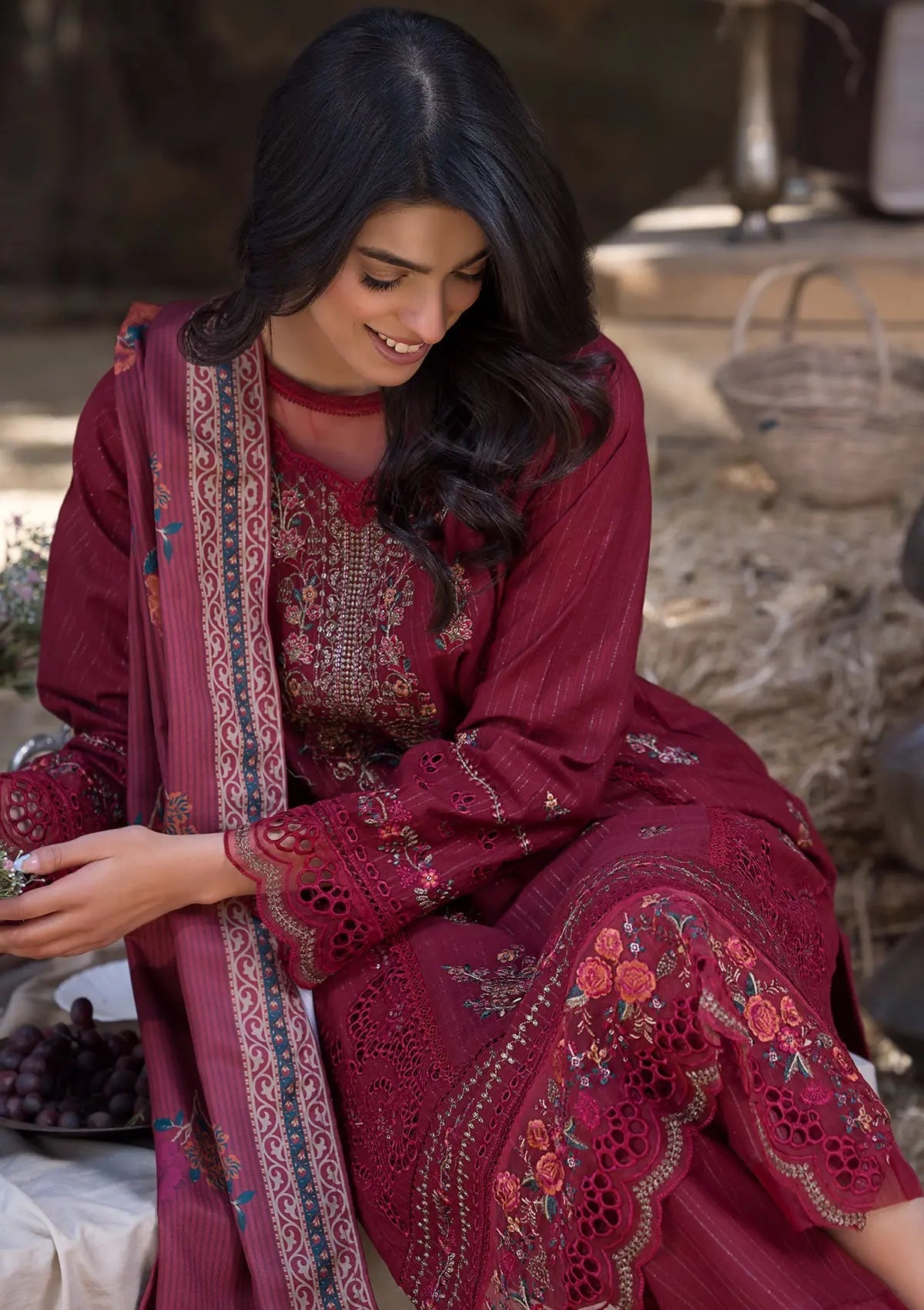 Khaddar (BT109) 3-Piece Stitch Suit Maroon Bin Tayyab