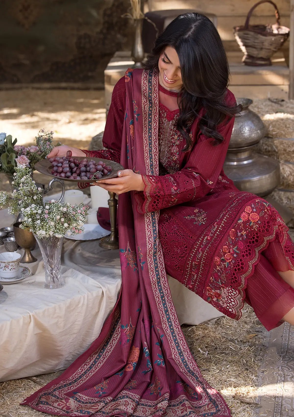 Khaddar (BT109) 3-Piece Stitch Suit Maroon Bin Tayyab