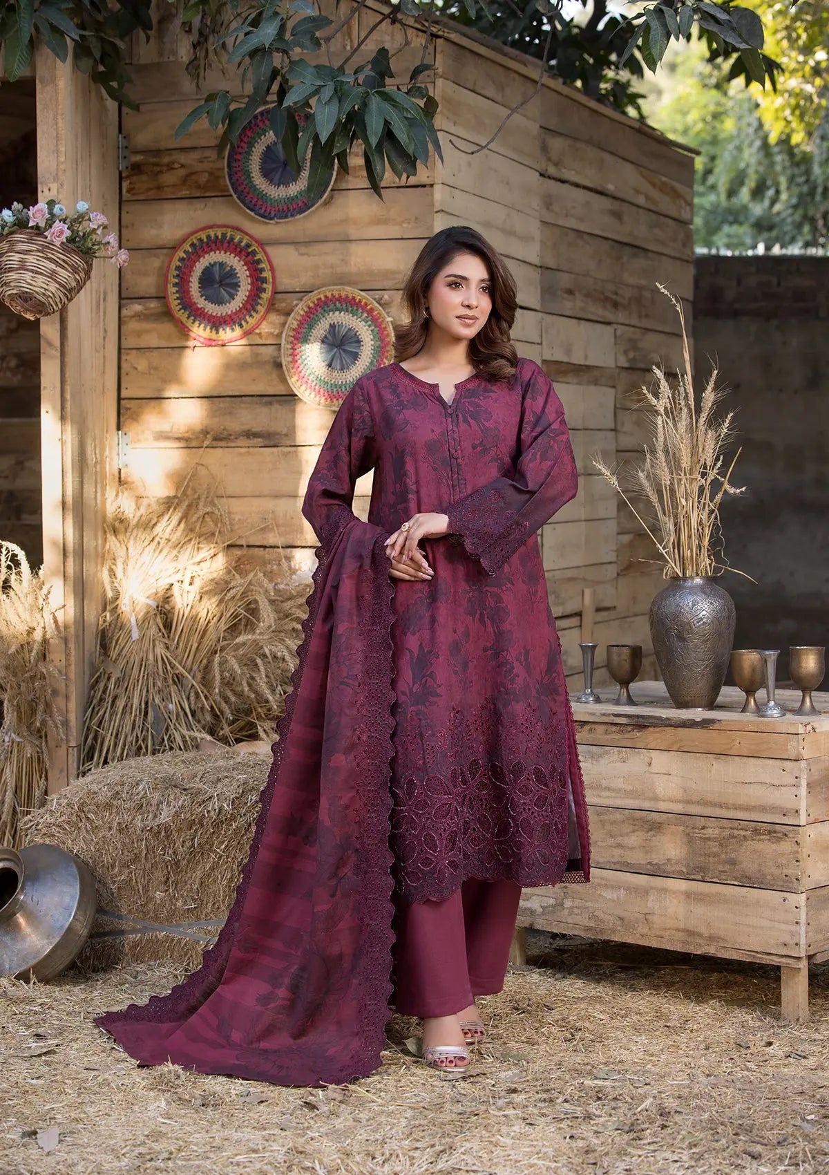 Khaddar (BT-130) 3-Piece Stitch Suit Maroon Bin Tayyab