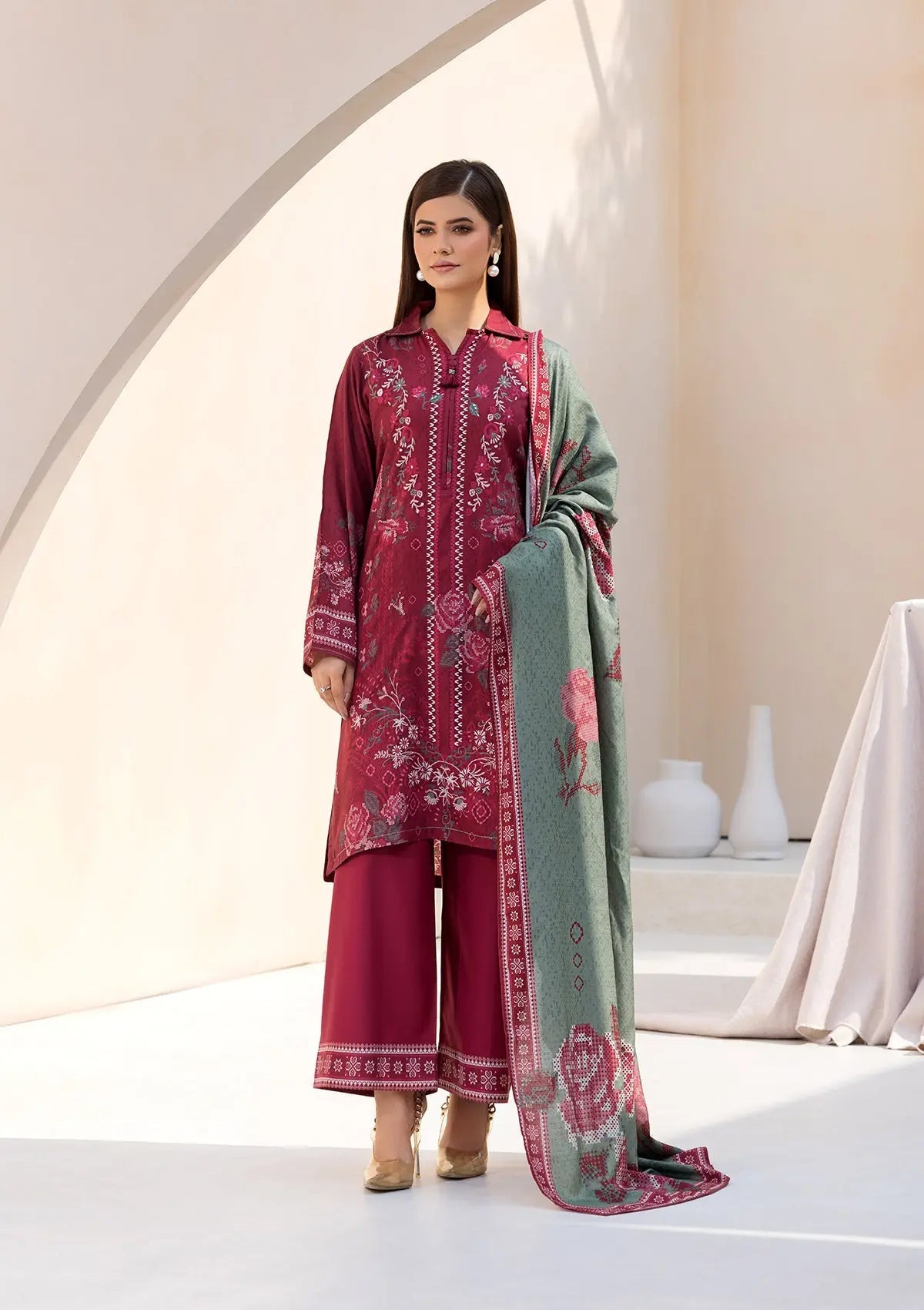 Printed Linen BT6545-MRN Bin Tayyab