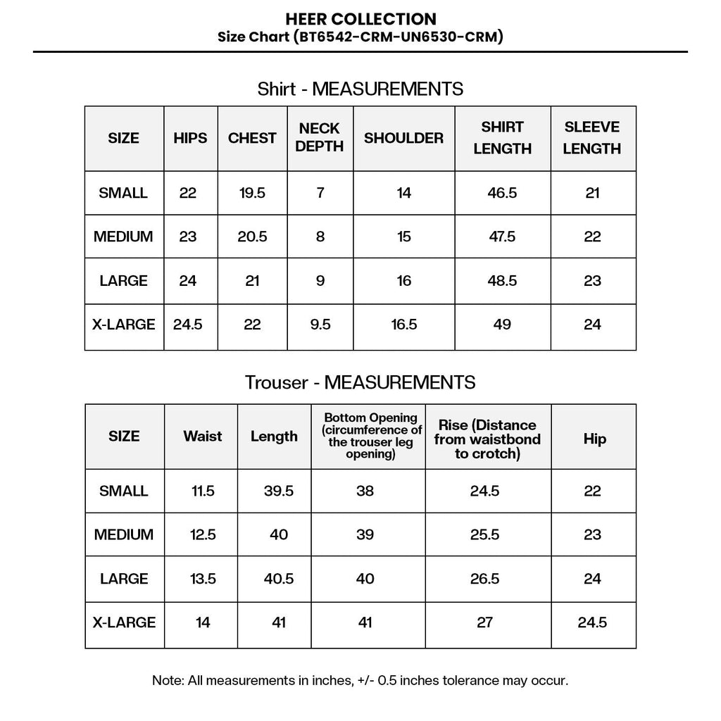 Embroidered Net (BT6542-CRM-UN6530-CRM) Size Chart
