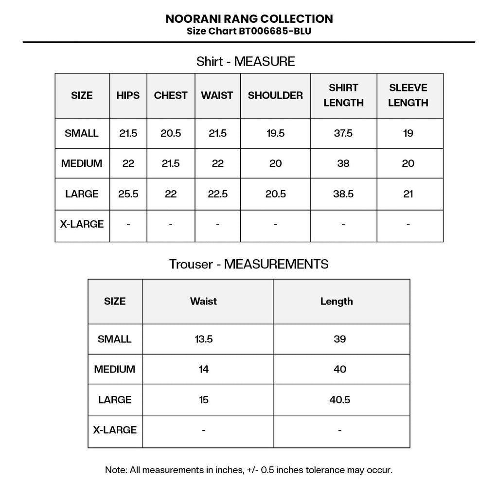 PRINTED VISCOSE LAWN BT006685-BLU Size Chart