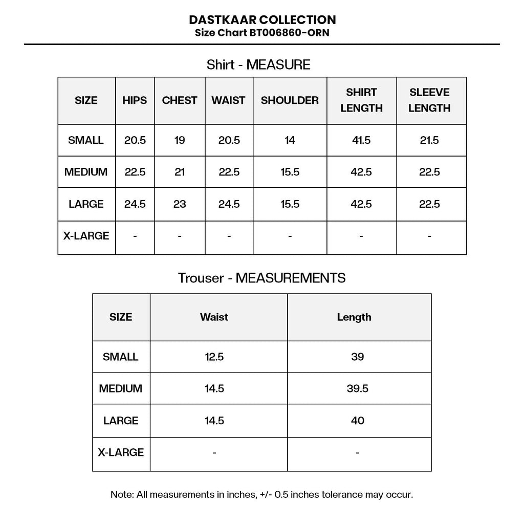 PRINTED EMBROIDERED LAWN BT006860-ORN Size Chart