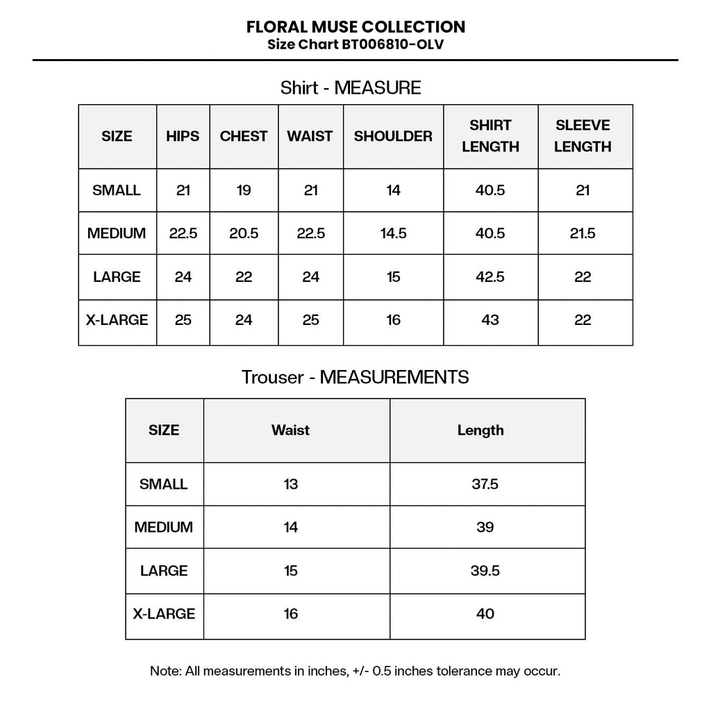 PRINTED EMB LAWN BT006810-OLV Size Chart