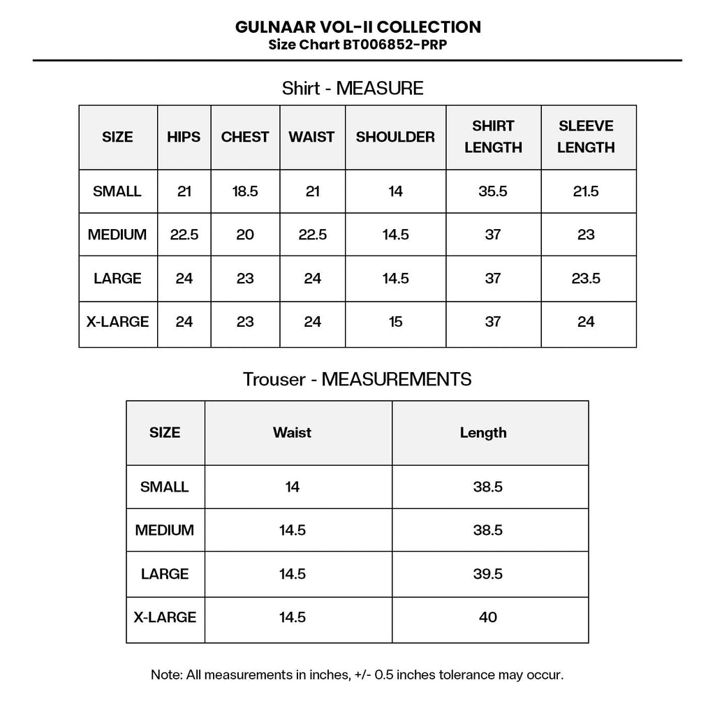 PRINTED EMBROIDERED KHADDAR BT006852-PRP Size Chart