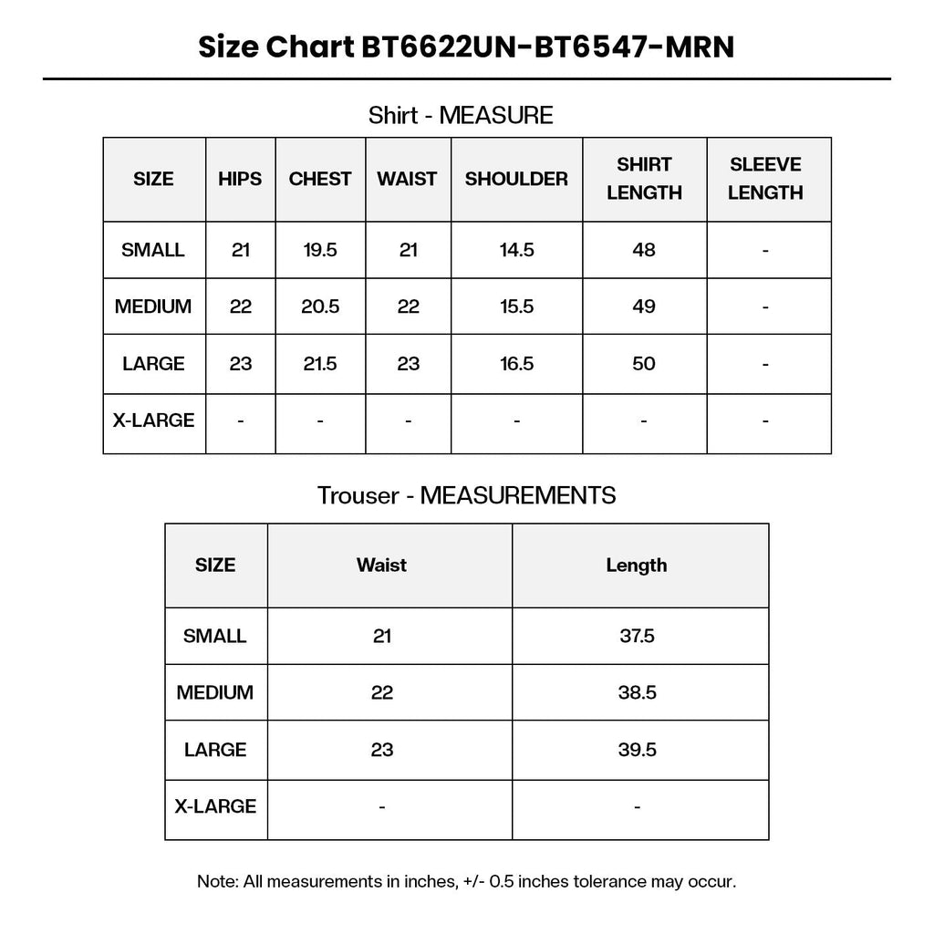 EMBROIDERED NET BT6622UN-BT6547-MRN Size Chart