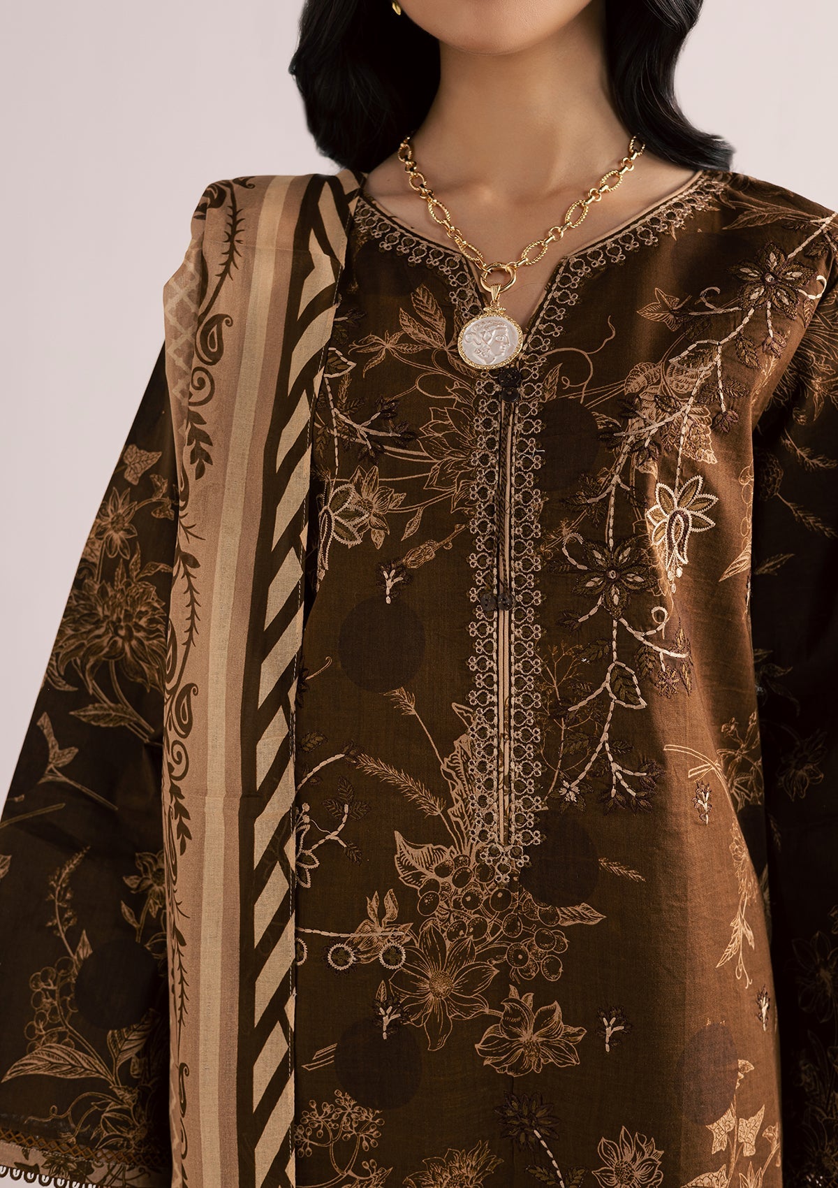 PRINTED EMBROIDERED LAWN BT006860-BRN