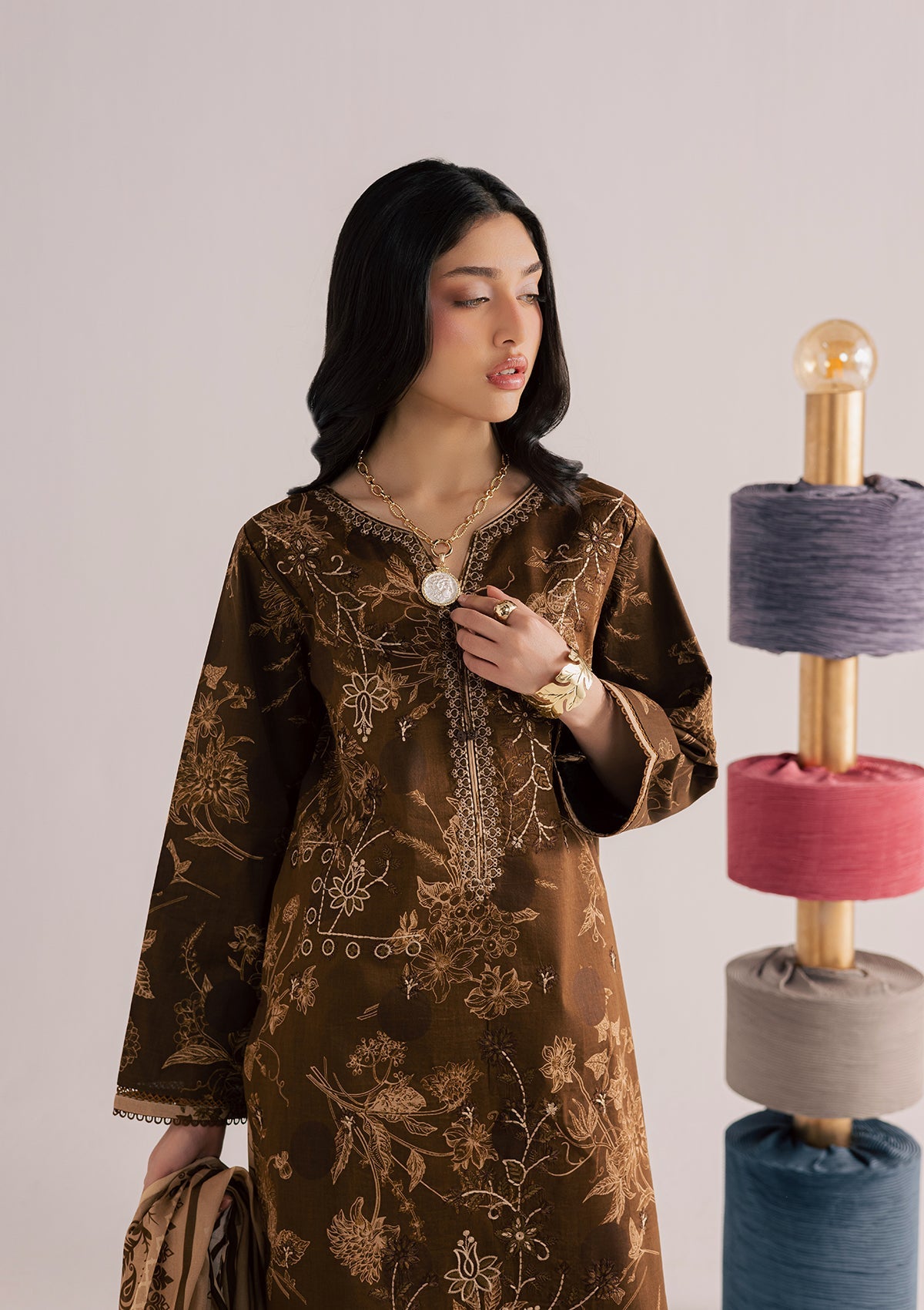 PRINTED EMBROIDERED LAWN BT006860-BRN