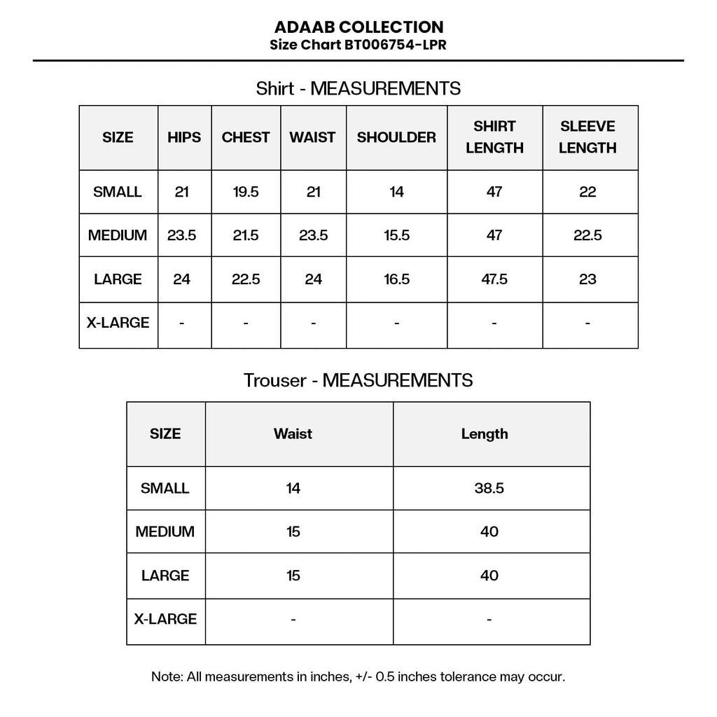 EMBROIDERED KHADDINET BT006754-LPR Size Chart