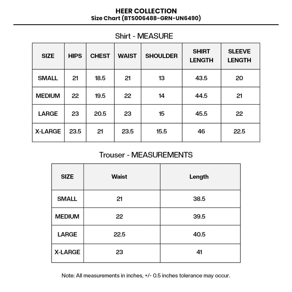 Embroidered Net (BTS006488-GRN-UN6490) Size Chart