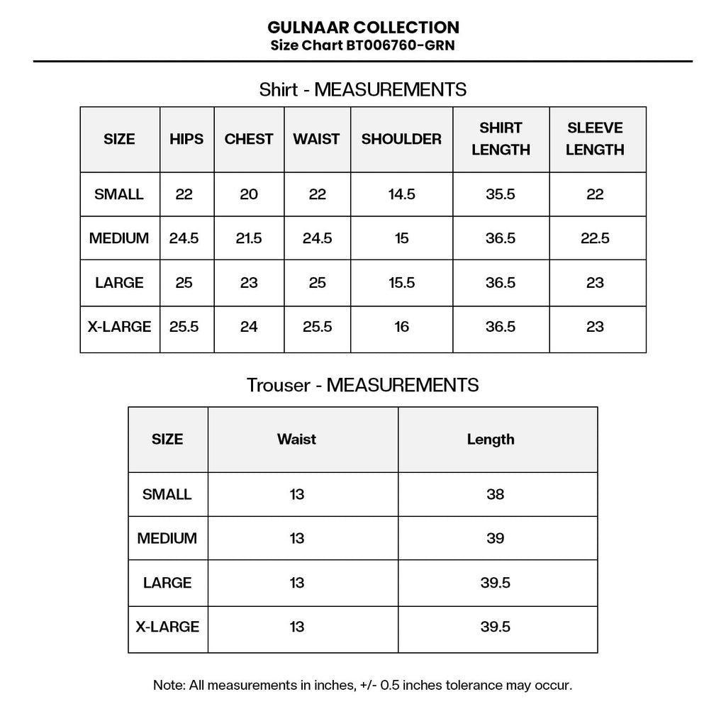 PRINTED LAWN BT006760-GRN Size Chart