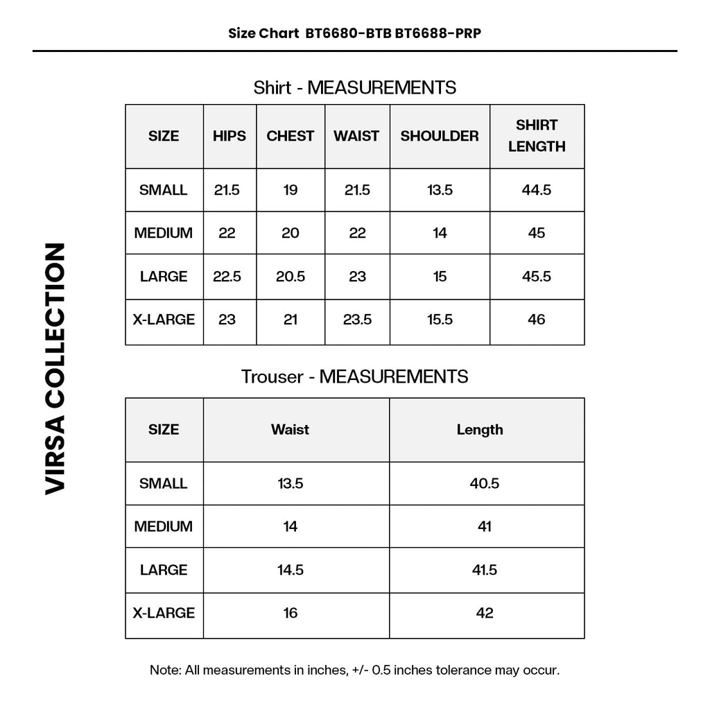 Embroidered Net BT6680-BTB BT6688-PRP Size Chart