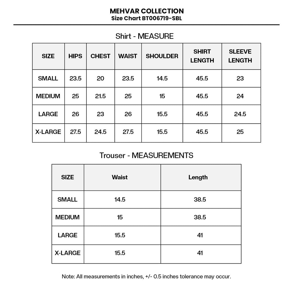 LUXURY Embroidered LAWN BT006719-SBL Size Chart