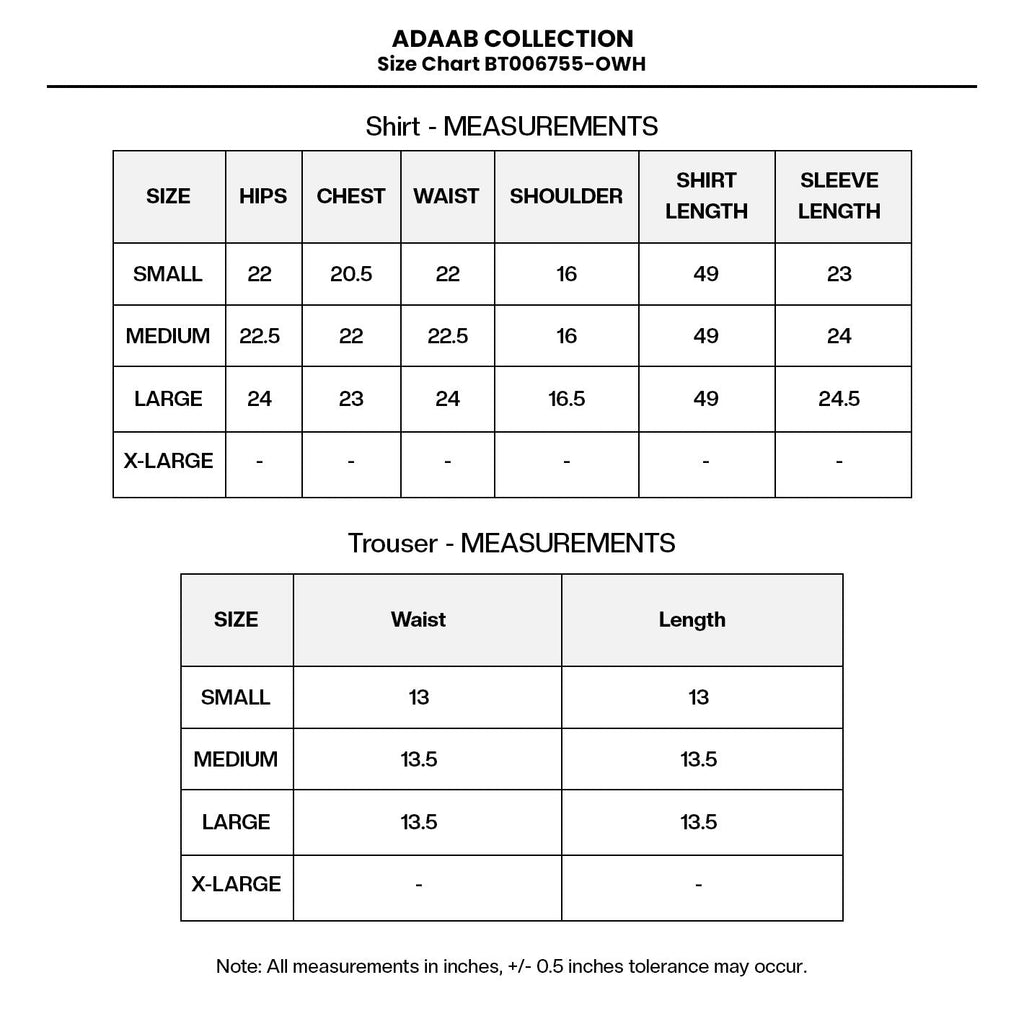 EMBROIDERED KHADDINET BT006755-OWH Size Chart