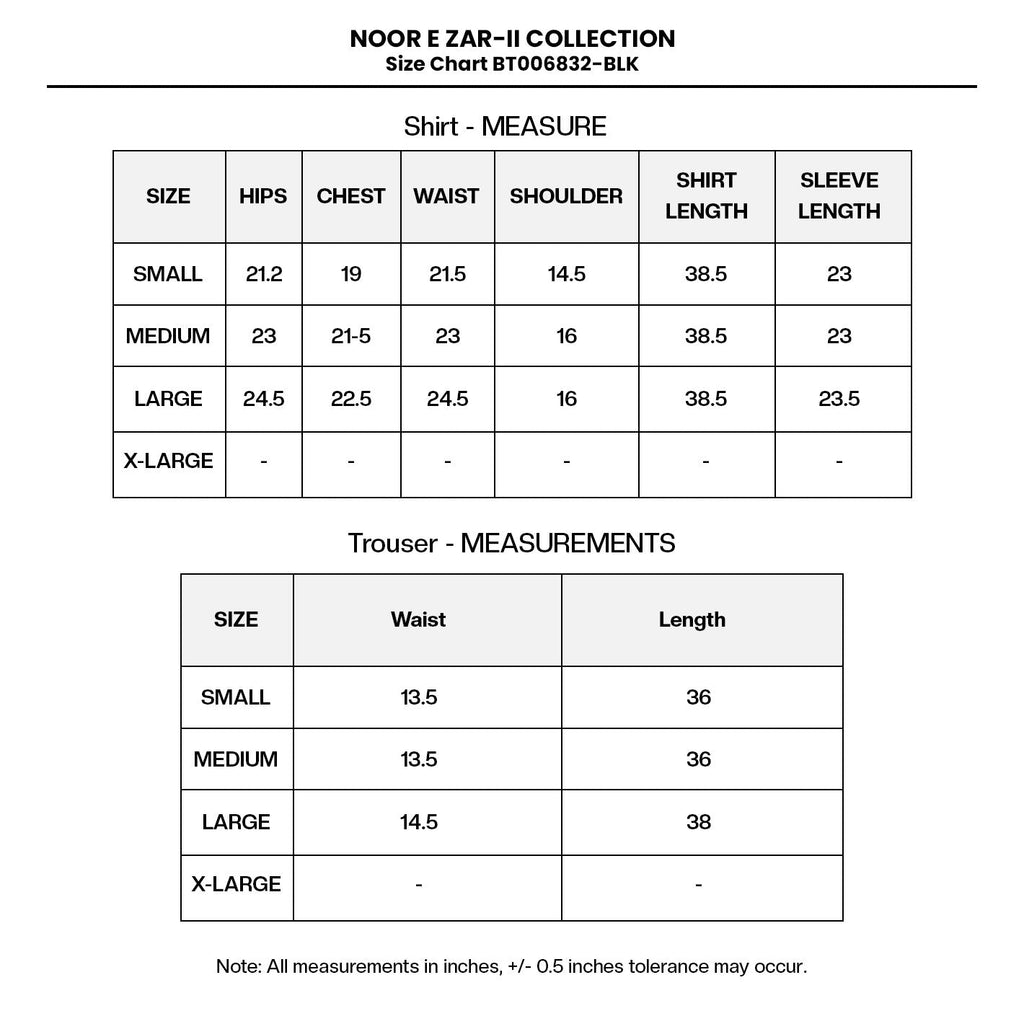 EMBROIDERED COTTON BT006832-BLK Size Chart
