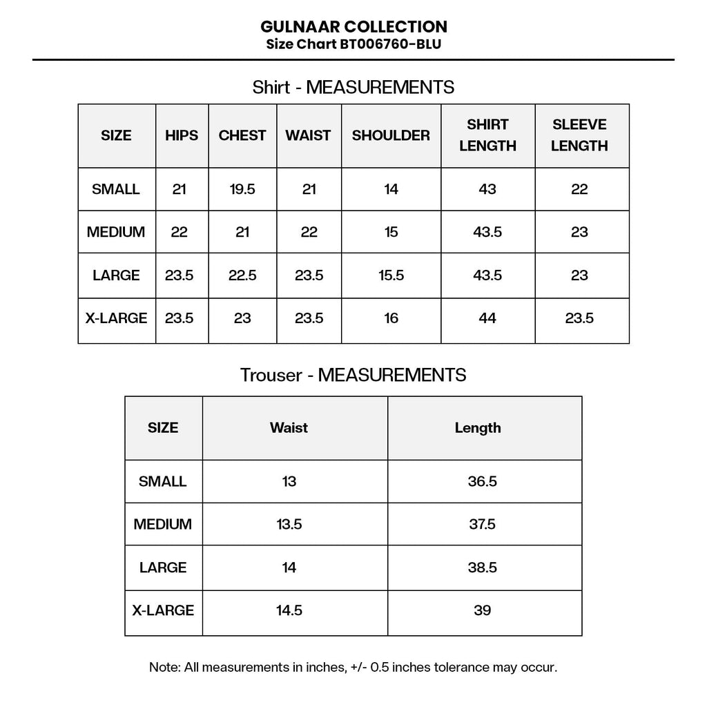 PRINTED LAWN BT006760-BLU Size Chart