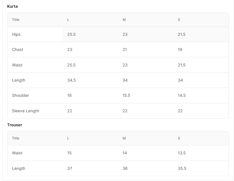 EMBROIDERED COTTON BT006749-PST Size Chart