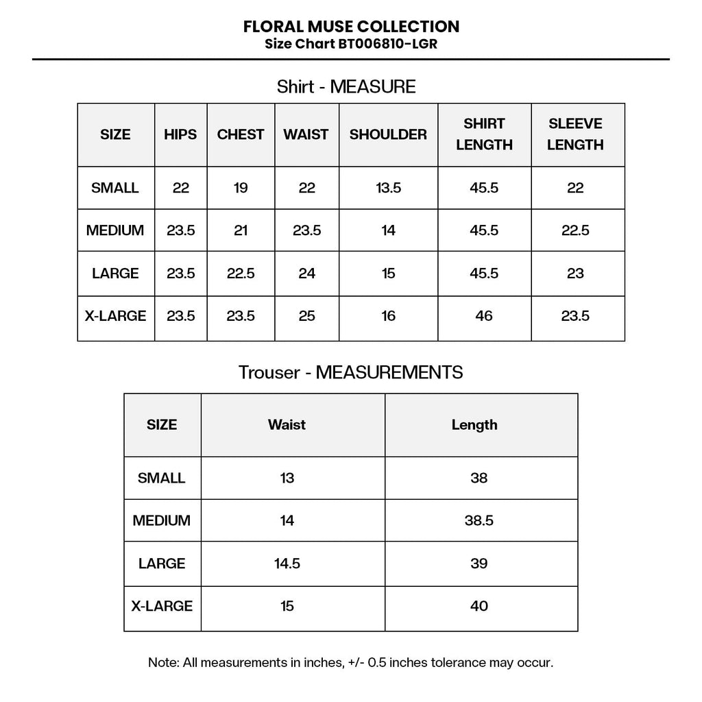 PRINTED EMB LAWN BT006810-LGR Size Chart