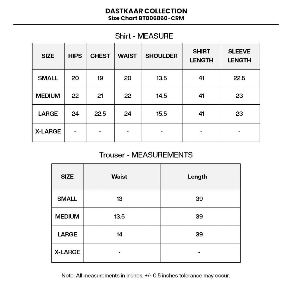 PRINTED EMBROIDERED LAWN BT006860-CRM Size Chart