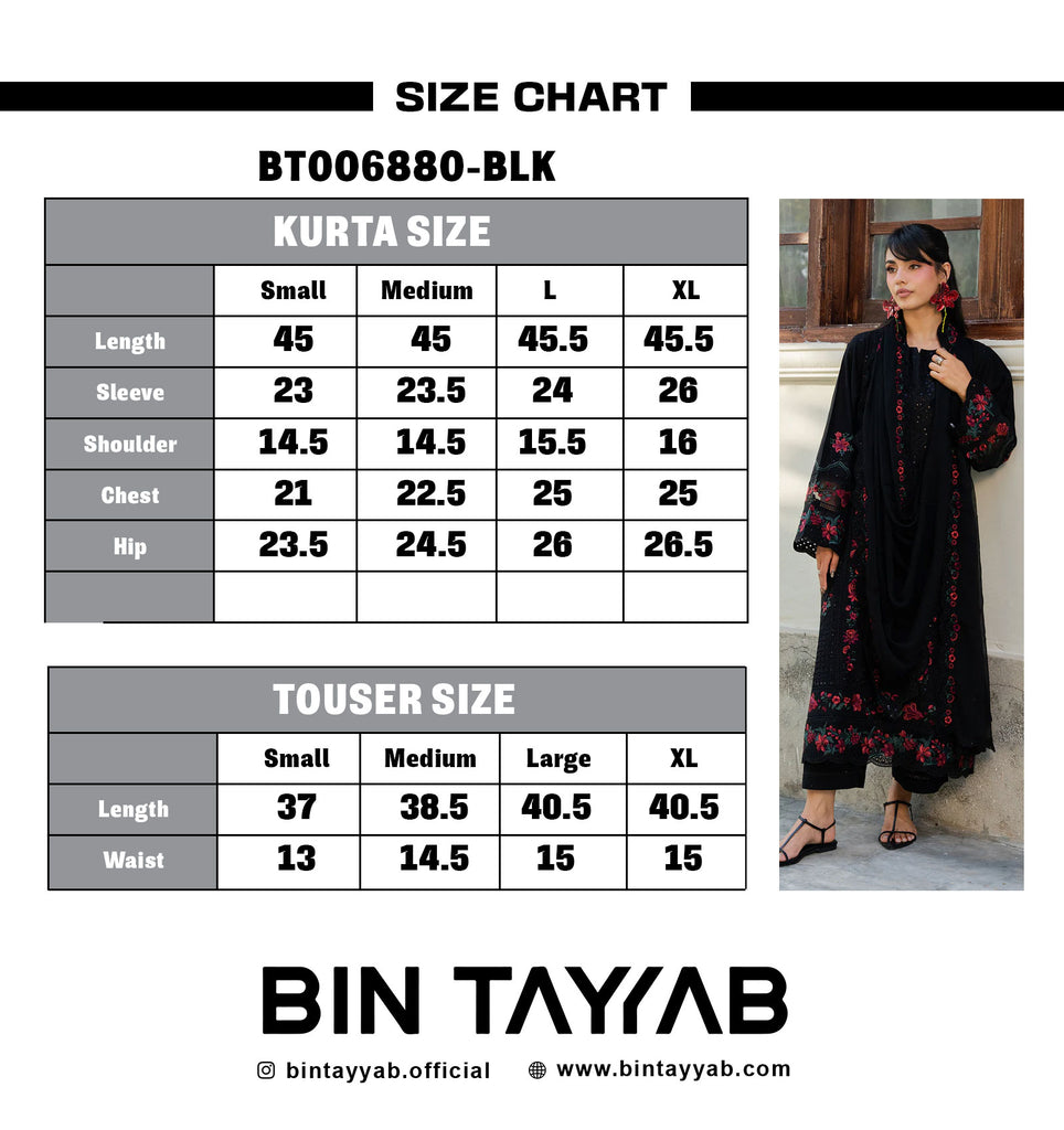EMBROIDERED Lawn BT006880-BLK Size Chart