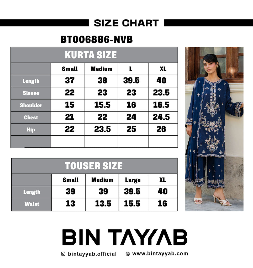 EMBROIDERED Lawn BT006886-NVB Size Chart