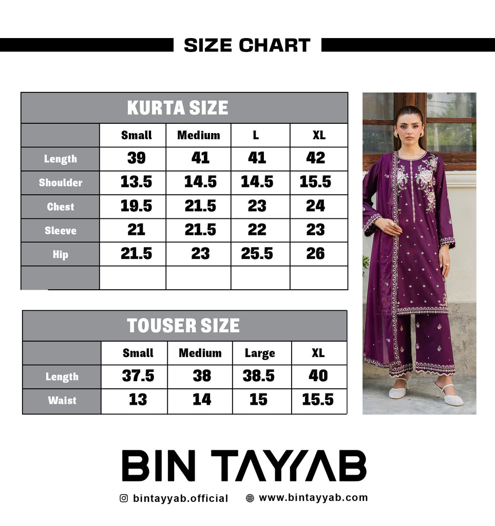 EMBROIDERED Lawn BT006886-PRP Size Chart