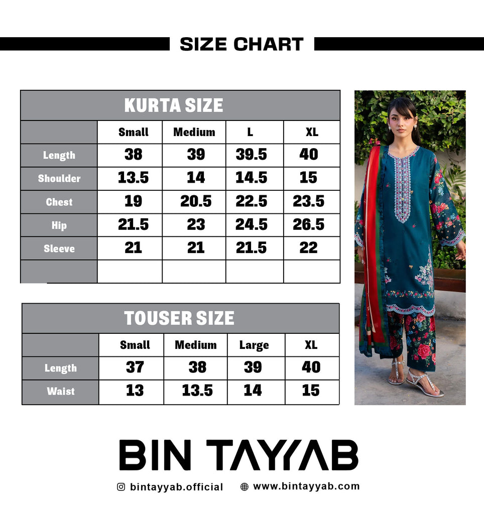 PRINTED EMBROIDERED Lawn BT006892-DBL Size Chart