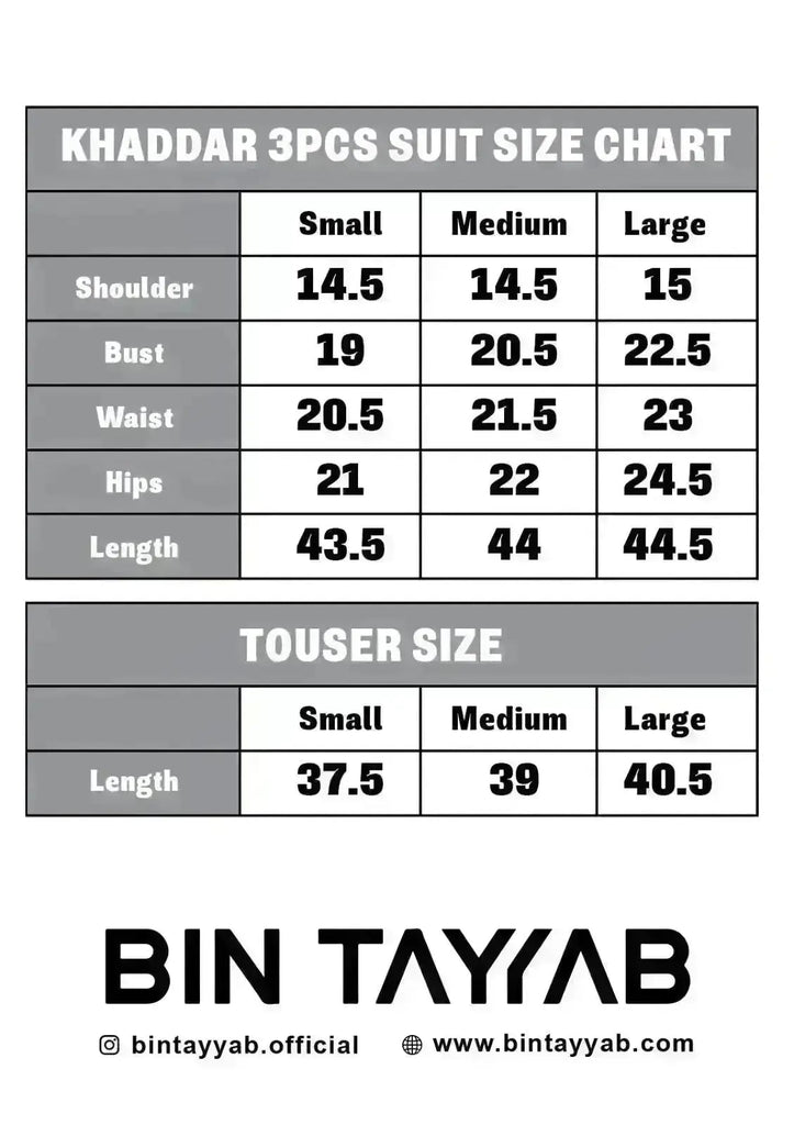 EMBROIDERED KHADDAR (BT110-BT5948-PPR) Size Chart