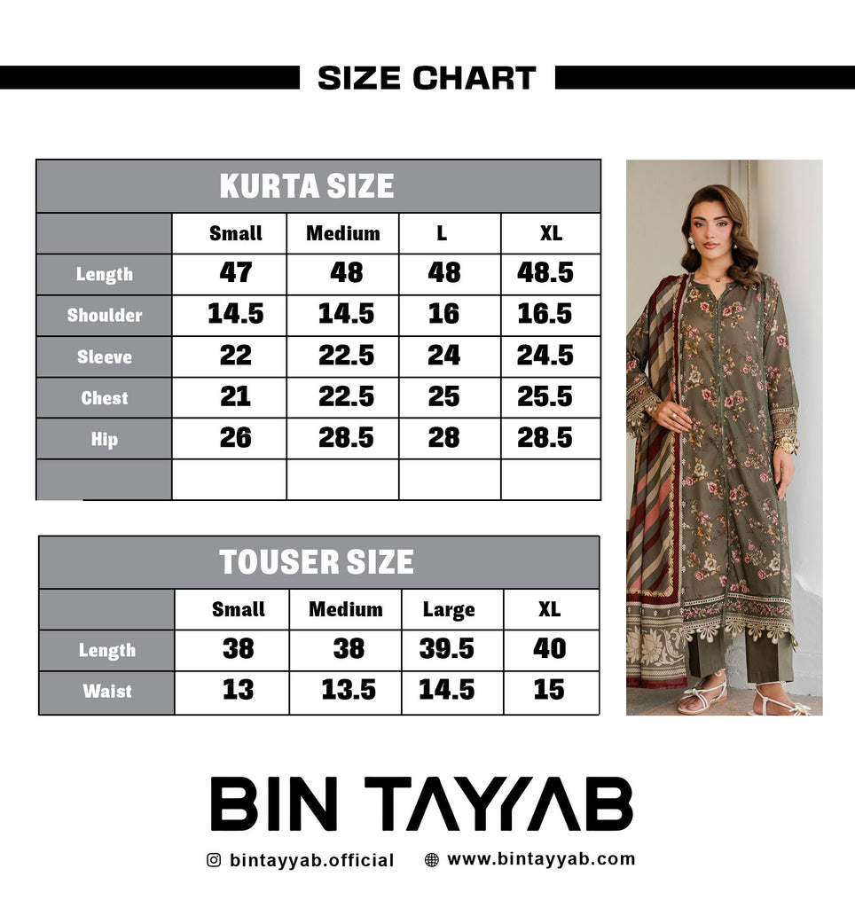 PRINTED EMBROIDERED Lawn BT006887-GRN Size Chart