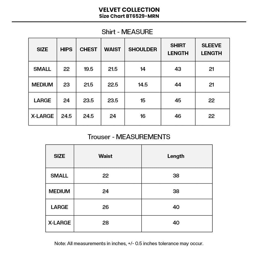 Embroidered Velvet BT6529-MRN (UN-6987-BTB) Size Chart